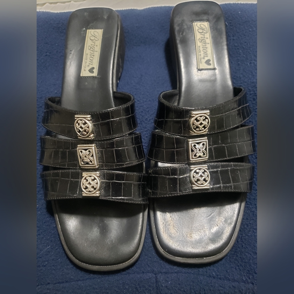 Brighton Black Croc-Embossed Brandy Block Slip-On Sandals with Silver Accents